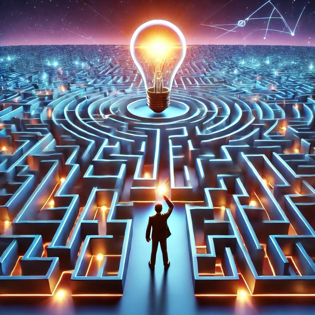 A man in front of a maze with a lightbulb in the center